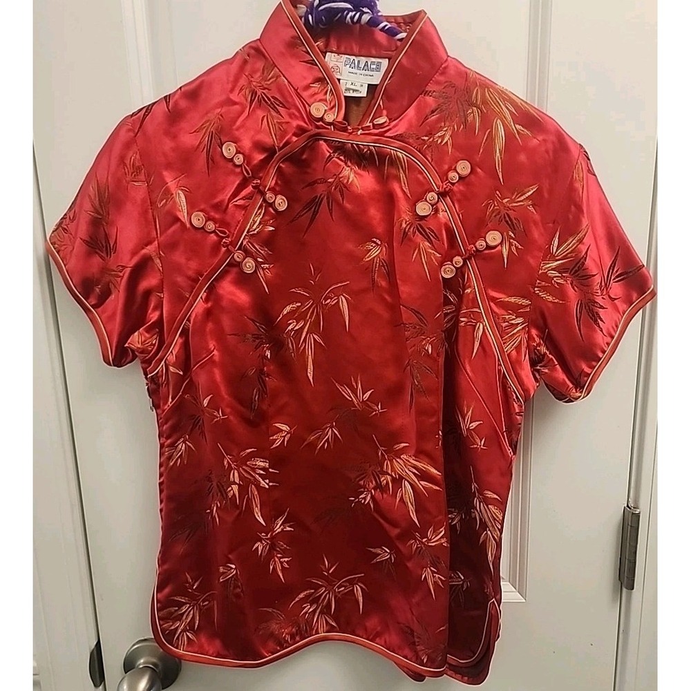 Vintage Palace Women's Chinese Blouse  Red Short Sleeve Shirt XL Extra Large
